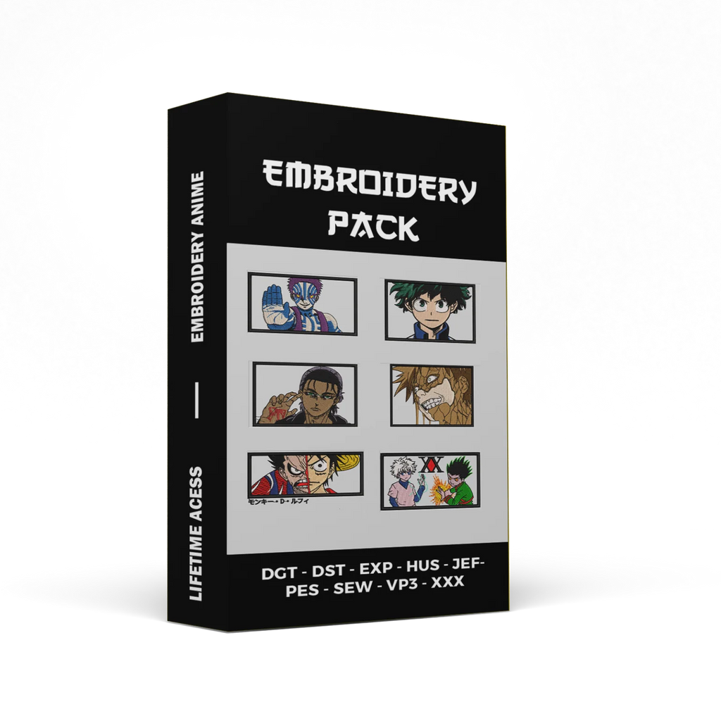 Embroidery pack box with anime character illustrations on a white background