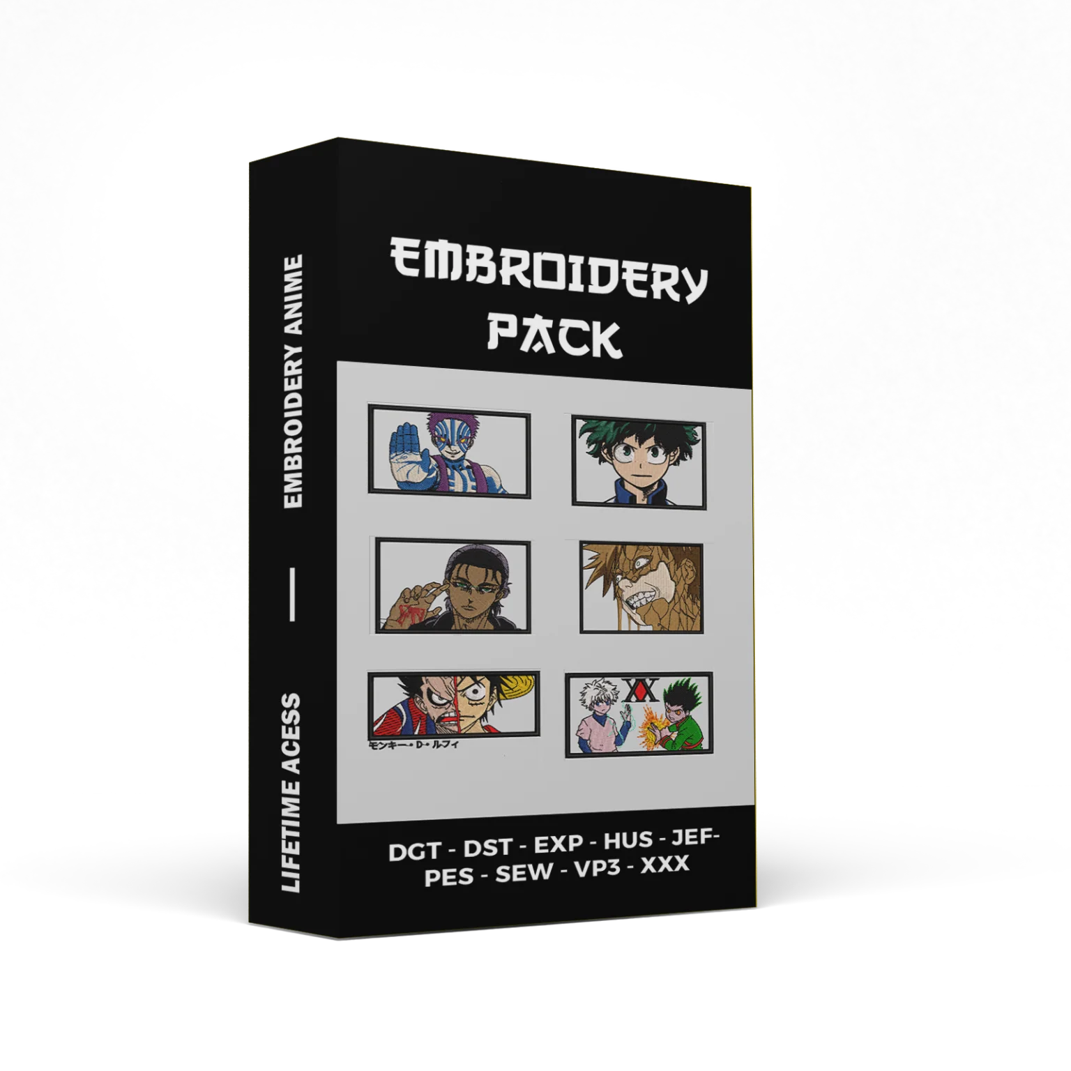 Embroidery pack box with anime character illustrations on a white background