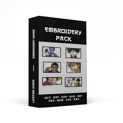 Embroidery pack box with anime character illustrations on a white background
