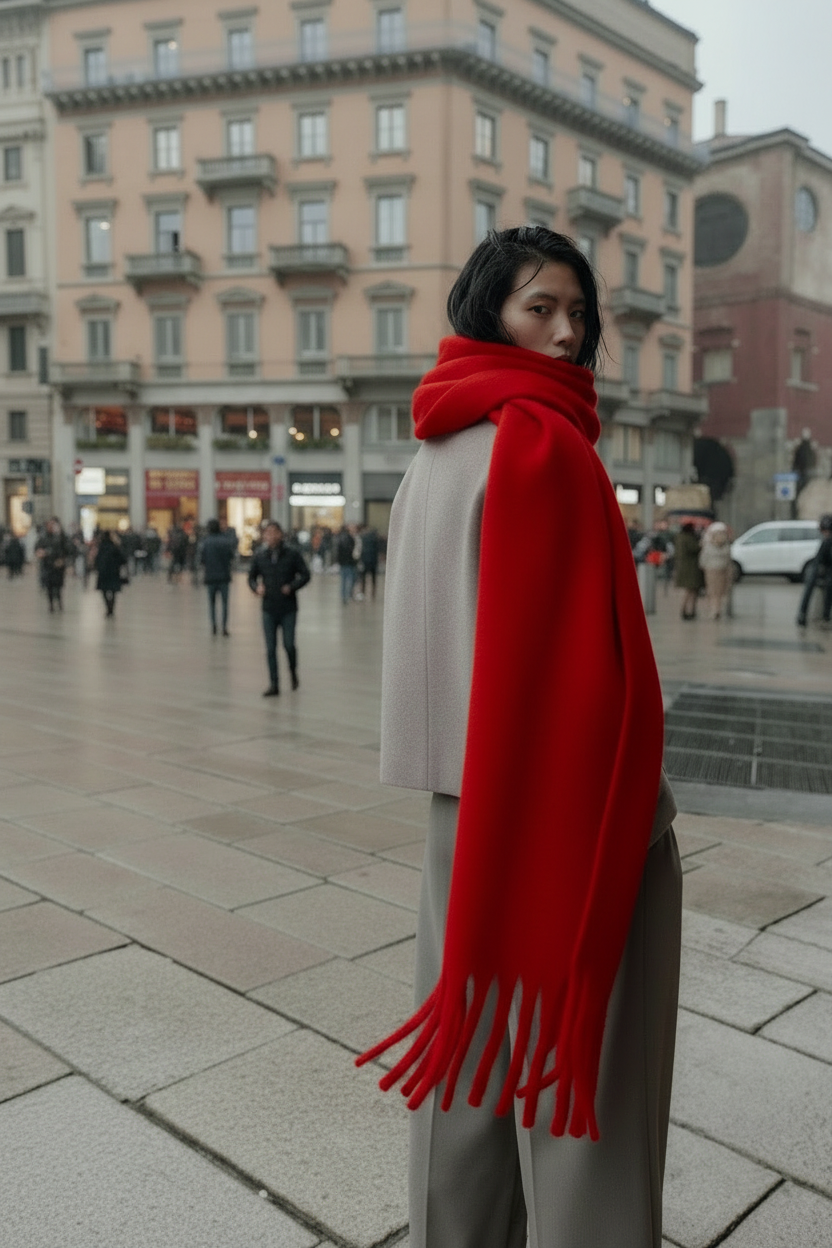Écharpe rouge avec franges détail vue de côté