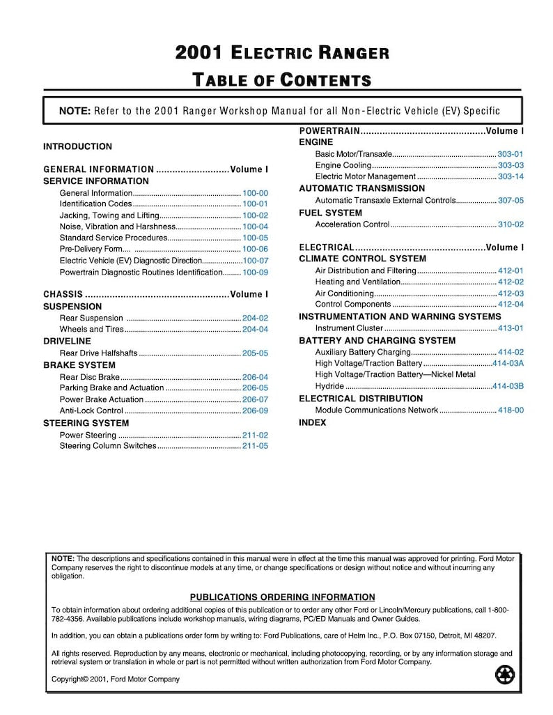 Ford Ranger EV 2001 Service Manual Repair, Workshop Service Repair, INSTANT Download PDF
