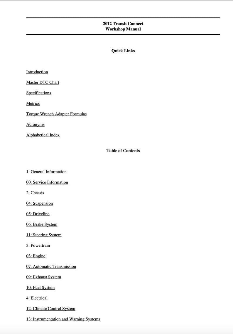 Ford Transit Connect 2006-2012 Service Manual Repair, Workshop Service Repair, INSTANT Download PDF
