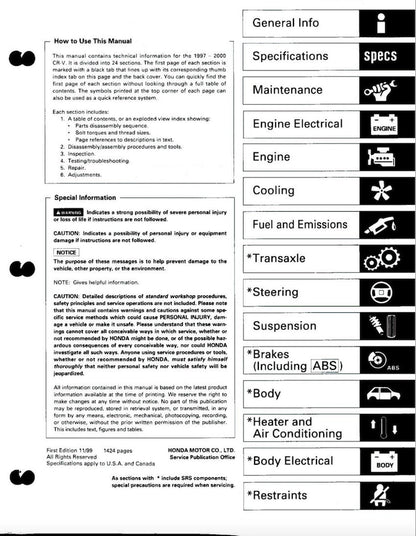 Honda CR-V 1997-2000 Service Manual Repair, Workshop Service Repair, INSTANT Download PDF